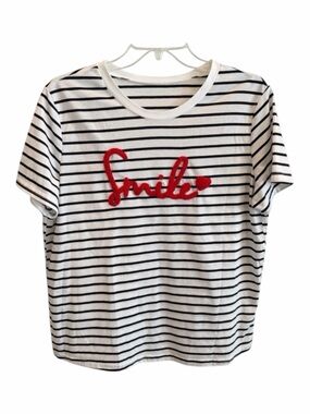 SHEIN Striped Tee with Red 'Smile' Embroidery